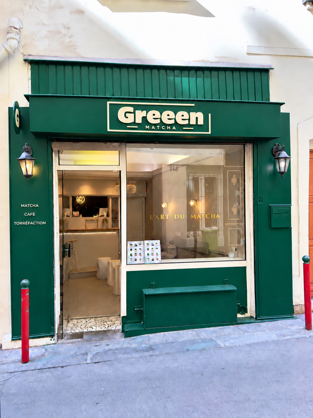 Façade du bar à matcha Greeen Matcha, 36 rue de la Lune, Paris 2e