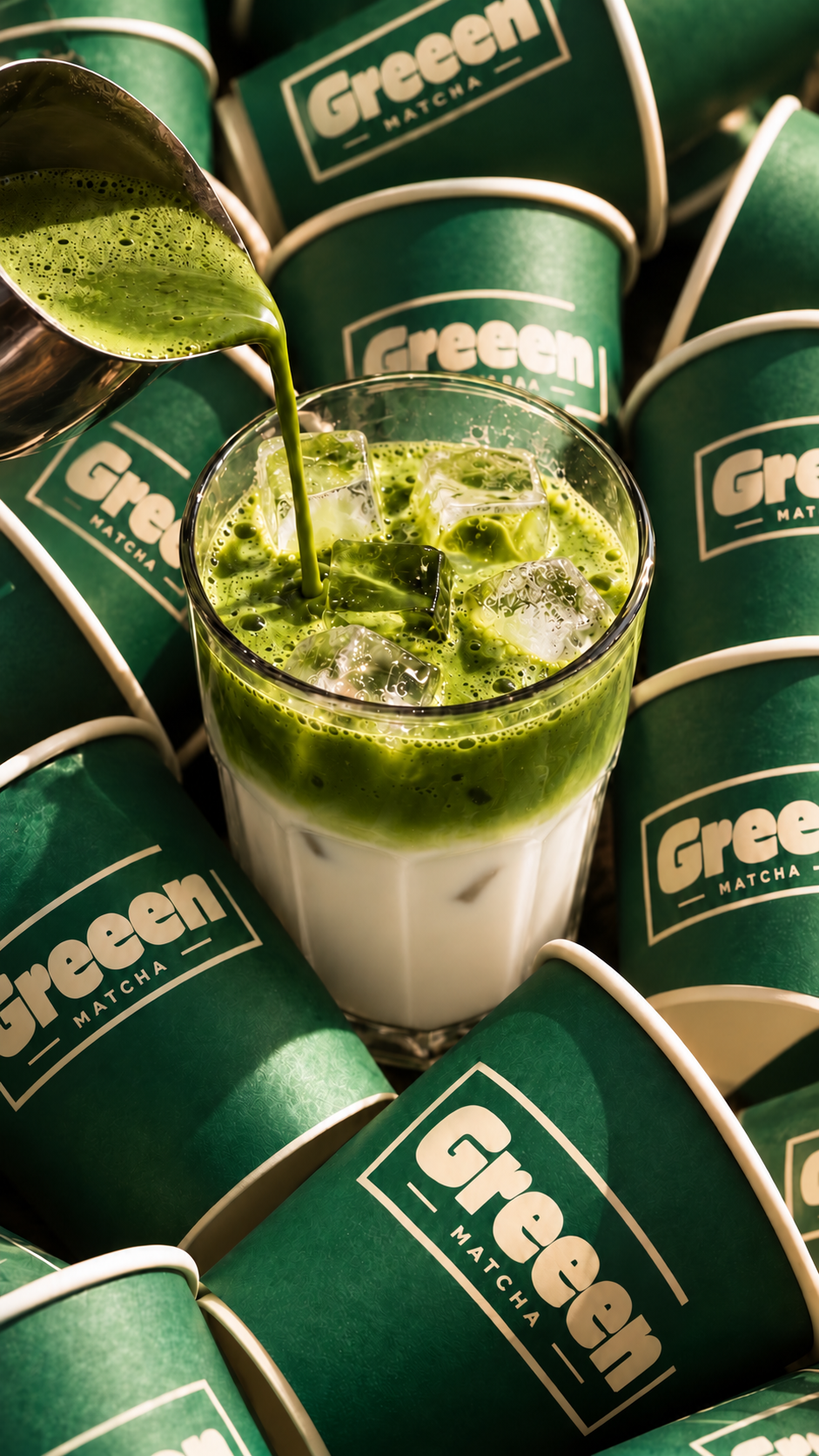 Iced matcha latte versé dans un verre, gobelets Greeen Matcha — bar à matcha Paris 2e